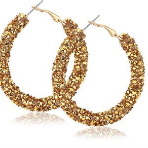 Glitter Hoop Earrings Bohemian Sparkle Resin Rhinestone Wrapped Hoop Dangle Earr